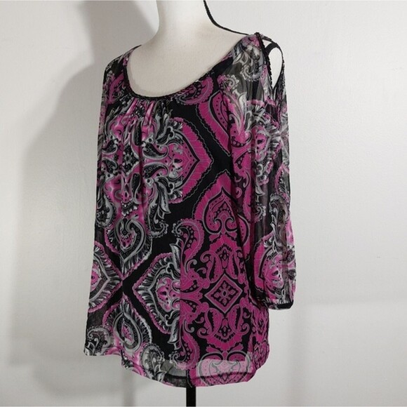 INC International Concepts Paisley Damask Cold Shoulder Embellished Top Size L - Picture 6 of 12